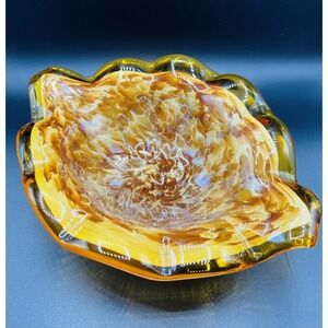 Italian Art Glass Amber Swirl Bowl White Cristal Centerpiece Vintage